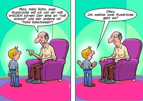 Cartoon: Watch your language (medium) by Joshua Aaron tagged flüche,ausdrücke,sprache,jugendliche,teenager,erziehung,flüche,ausdrücke,sprache,jugendliche,teenager,erziehung