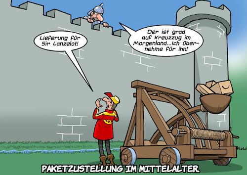 Cartoon: Zustellservice anno dazumal (medium) by Joshua Aaron tagged ups,fedex,post,dpd,dhl,zusteller,pakete,paketdienst,lieferung,mittelalter,katapult,burg,ups,fedex,post,dpd,dhl,zusteller,pakete,paketdienst,lieferung,mittelalter,katapult,burg