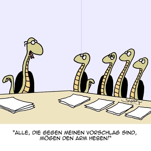 Cartoon: Abstimmung (medium) by Karsten Schley tagged demokratie,meeting,abstimmung,meinung,business,wirtschaft,büro,arbeit,arbeitgeber,arbeitnehmer,tiere,natur,schlangen,demokratie,meeting,abstimmung,meinung,business,wirtschaft,büro,arbeit,arbeitgeber,arbeitnehmer,tiere,natur,schlangen