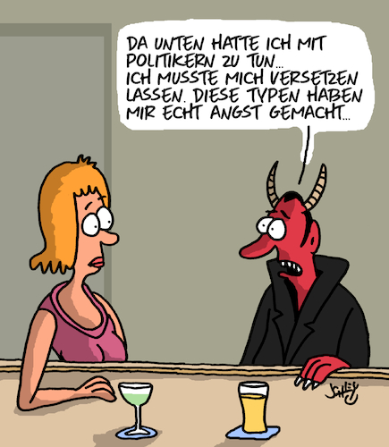 Cartoon: Angst (medium) by Karsten Schley tagged kneipen,politik,politiker,hölle,teufel,angst,männer,frauen,karriere,gesellschaft,kneipen,politik,politiker,hölle,teufel,angst,männer,frauen,karriere,gesellschaft