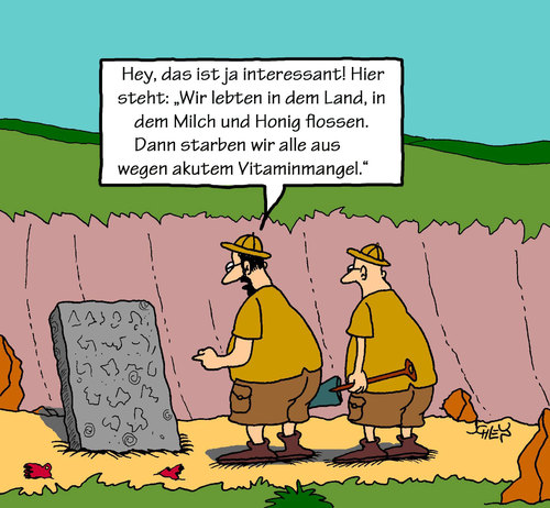 Cartoon: Archäologie (medium) by Karsten Schley tagged ernährung,gesundheit,vitamine,nahrung,archäologie,geschichte,ernährung,gesundheit,vitamine,nahrung,archäologie,geschichte