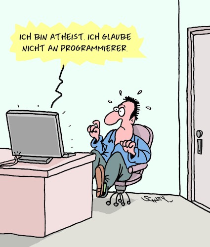 Cartoon: Atheismus (medium) by Karsten Schley tagged religion,büro,technik,computer,programmierer,glaube,atheismus,wirtschaft,it,gesellschaft,religion,büro,technik,computer,programmierer,glaube,atheismus,wirtschaft,it,gesellschaft