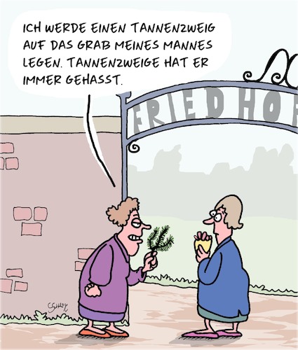 Cartoon: Auf dem Friedhof (medium) by Karsten Schley tagged friedhöfe,witwen,tod,ehe,liebe,männer,frauen,beziehungen,trauer,gesellschaft,friedhöfe,witwen,tod,ehe,liebe,männer,frauen,beziehungen,trauer,gesellschaft