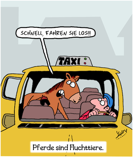 Cartoon: Auf der Flucht (medium) by Karsten Schley tagged natur,tiere,pferde,fluchttiere,genetik,umwelt,nahrungskette,verkehr,taxis,taxifahrer,natur,tiere,pferde,fluchttiere,genetik,umwelt,nahrungskette,verkehr,taxis,taxifahrer