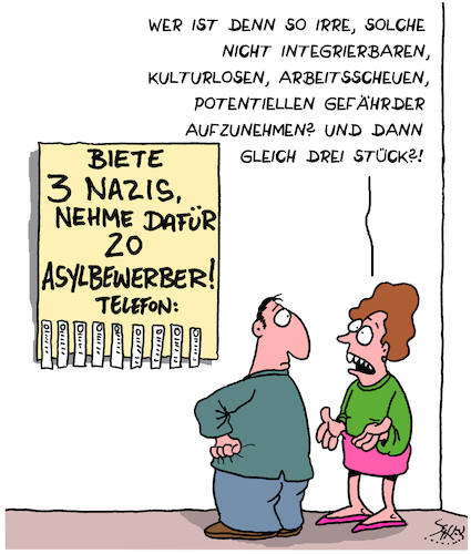 Cartoon: Aufnahme (medium) by Karsten Schley tagged asylbewerber,europa,neonazis,nationalismus,populismus,rassismus,intelligenz,arbeit,politik,gesellschaft,soziales,deutschland,asylbewerber,europa,neonazis,nationalismus,populismus,rassismus,intelligenz,arbeit,politik,gesellschaft,soziales,deutschland