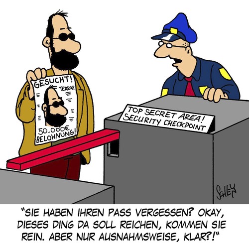 Cartoon: Ausnahmsweise (medium) by Karsten Schley tagged sicherheit,sicherheitsbestimmungen,kriminalität,terror,sicherheitslücken,innenpolitik,sicherheit,sicherheitsbestimmungen,kriminalität,terror,sicherheitslücken,innenpolitik