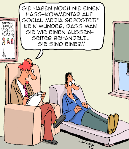 Cartoon: Außenseiter (medium) by Karsten Schley tagged hasskommentare,kriminalität,extremismus,populismus,gesellschaft,politik,internet,kultur,demokratie,social,media,hasskommentare,kriminalität,extremismus,populismus,gesellschaft,politik,internet,kultur,demokratie,social,media