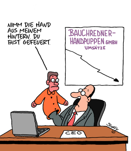 Cartoon: Bauchredner (medium) by Karsten Schley tagged bauchredner,wirtschaft,umsätze,verkäufe,karriere,arbeit,arbeitgeber,arbeitnehmer,bauchredner,wirtschaft,umsätze,verkäufe,karriere,arbeit,arbeitgeber,arbeitnehmer