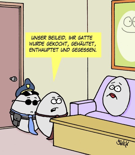 Cartoon: Beileid (medium) by Karsten Schley tagged essen,ernährung,kriminalität,eier,mord,polizei,ehe,ehemänner,ehefrauen,tod,essen,ernährung,kriminalität,eier,mord,polizei,ehe,ehemänner,ehefrauen,tod