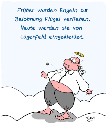 Cartoon: Belohnung (medium) by Karsten Schley tagged lagerfeld,tod,engel,paradies,mode,kleidung,business,marketing,religion,mythen,gesellschaft,lagerfeld,tod,engel,paradies,mode,kleidung,business,marketing,religion,mythen,gesellschaft