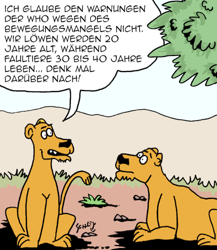 Cartoon: Bewegungsmangel (medium) by Karsten Schley tagged gesundheit,bewegung,bewegungsmangel,who,zivilisationskrankheiten,medien,tiere,gesellschaft,gesundheit,bewegung,bewegungsmangel,who,zivilisationskrankheiten,medien,tiere,gesellschaft