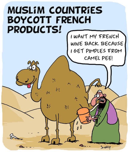 Cartoon: Boycott (medium) by Karsten Schley tagged politics,france,economy,boycotts,industry,religion,muslims,media,caricatures,politics,france,economy,boycotts,industry,religion,muslims,media,caricatures