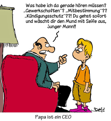 Cartoon: CEO Papa (medium) by Karsten Schley tagged deutschland,gesellschaft,gewerkschaften,jugend,vaterschaft,söhne,väter,business,wirtschaft,wirtschaft,business,väter,vaterschaft,jugend,söhne,gewerkschaften,gesellschaft,deutschland