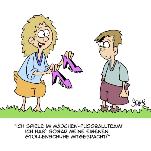 Cartoon: Damenfussball (medium) by Karsten Schley tagged ballsport,schuhe,kleidung,mode,frauen,damenfussball,fussball,sport,sport,fussball,damenfussball,frauen,mode,kleidung,schuhe,ballsport