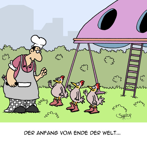 Cartoon: Das ist das Ende... (medium) by Karsten Schley tagged ernährung,essen,kochen,köche,gastronomie,ausserirdische,science,fiction,tiere,ufos,raumfahrt,hühner,das,ernährung,essen,kochen,köche,gastronomie,ausserirdische,science,fiction,tiere,ufos,raumfahrt,hühner