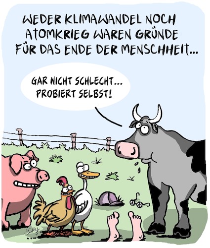 Cartoon: Das ist DAS ENDE! (medium) by Karsten Schley tagged menschheit,klima,atomkrieg,natur,untergang,ernährung,tiere,evolution,zukunft,gesellschaft,das,menschheit,klima,atomkrieg,natur,untergang,ernährung,tiere,evolution,zukunft,gesellschaft