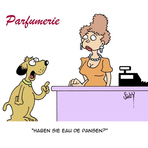 Cartoon: Das Parfum (medium) by Karsten Schley tagged verkaufen,verkäufer,geschenke,tiere,parfum,wirtschaft,business,hunde,kosmetik,verkaufen,verkäufer,geschenke,tiere,parfum,wirtschaft,business,hunde,kosmetik