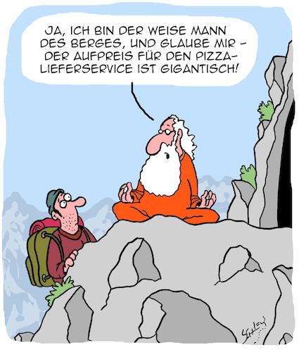 Cartoon: Der weise Mann (medium) by Karsten Schley tagged weisheit,berge,pizza,philosophie,ernährung,lieferservice,preise,wirtschaft,weisheit,berge,pizza,philosophie,ernährung,lieferservice,preise,wirtschaft