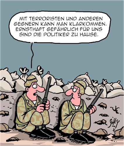 Cartoon: Die Angst des Soldaten (medium) by Karsten Schley tagged soldaten,militär,politik,politiker,terror,gefahr,außenpolitik,gesellschaft,soldaten,militär,politik,politiker,terror,gefahr,außenpolitik,gesellschaft