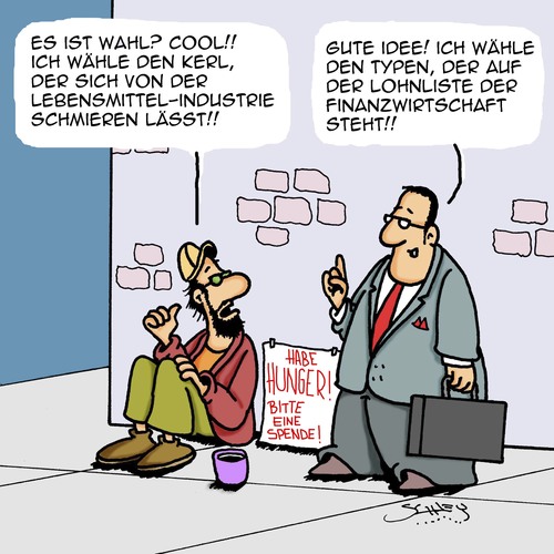 Cartoon: Die Qual der Wahl (medium) by Karsten Schley tagged politik,politiker,schmiergeld,lobbyismus,wahlen,wähler,armut,business,wirtschaft,geld,gesellschaft,demokratie,parteien,politik,politiker,schmiergeld,lobbyismus,wahlen,wähler,armut,business,wirtschaft,geld,gesellschaft,demokratie,parteien