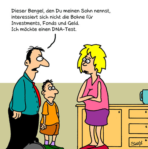 Cartoon: DNA - Test (medium) by Karsten Schley tagged gesellschaft,gesundheit,vaterschaft,kinder,eltern,gesellschaft,gesundheit,vaterschaft,kinder,eltern,sohn,familie,bank,banker,zukunft,job,beruf,karriere,dna