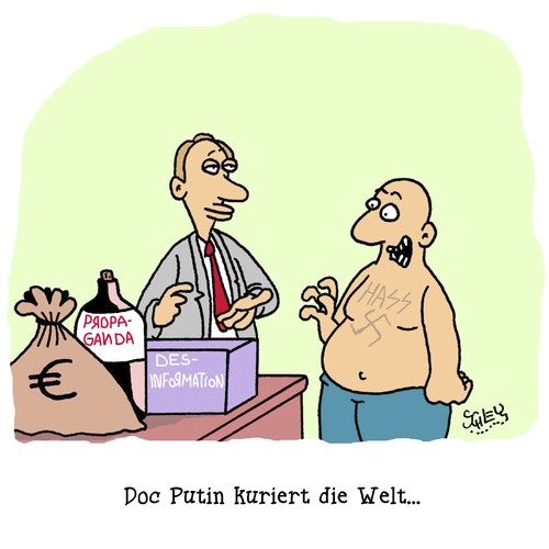 Cartoon: Doc Putin (medium) by Karsten Schley tagged terror,krieg,desinformation,cyber,kalter,russland,putin,geheimdienste,spionage,finanzierung,geld,terror,krieg,desinformation,cyber,kalter,russland,putin,geheimdienste,spionage,finanzierung,geld