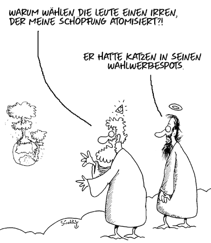 Cartoon: Doof gewählt (medium) by Karsten Schley tagged wahlen,politik,demokratie,krieg,atomkrieg,wahlwerbespots,religion,schöpfung,gesellschaft,katzen,wahlen,politik,demokratie,krieg,atomkrieg,wahlwerbespots,religion,schöpfung,gesellschaft,katzen