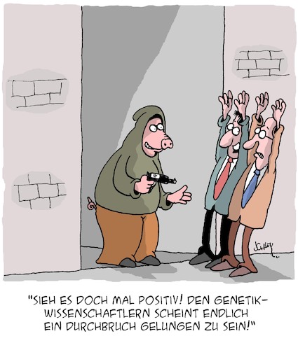 Cartoon: Durchbruch (medium) by Karsten Schley tagged wissenschaft,genetik,forschung,tiere,menschen,budgets,technik,wirtschaft,medizin,gesellschaft,wissenschaft,genetik,forschung,tiere,menschen,budgets,technik,wirtschaft,medizin,gesellschaft