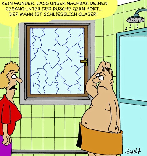 Cartoon: Dusche (medium) by Karsten Schley tagged frauen,männer,beziehungen,ehe,nachbarschaft,nachbarn,singen,duschen,hygiene,glas,glaser,jobs,kunst,künstler,sänger,singen,nachbarn,nachbarschaft,beziehungen,männer,frauen,duschen,ehe