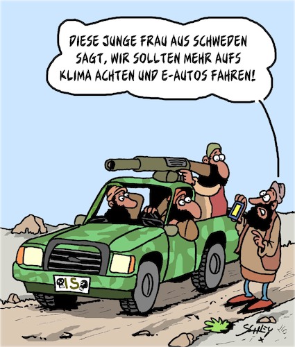 Cartoon: E-Autos (medium) by Karsten Schley tagged umwelt,terrorismus,klima,is,moslems,taliban,krieg,politik,religion,umwelt,terrorismus,klima,is,moslems,taliban,krieg,politik,religion