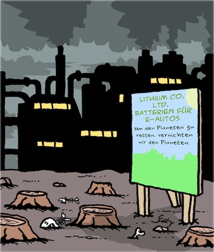 Cartoon: E-Autos (medium) by Karsten Schley tagged klima,umweltzerstörung,autos,transport,wirtschaft,business,batterien,fabriken,politik,klima,umweltzerstörung,autos,transport,wirtschaft,business,batterien,fabriken,politik
