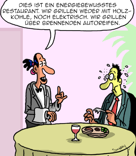 Cartoon: Energiebewusst (medium) by Karsten Schley tagged energie,strom,holzkohle,umwelt,restaurants,gastronomie,klima,natur,politik,gesellschaft,energie,strom,holzkohle,umwelt,restaurants,gastronomie,klima,natur,politik,gesellschaft