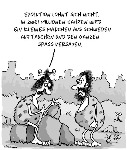 Cartoon: Evolution lohnt nicht (medium) by Karsten Schley tagged prähistorisches,steinzeit,zukunft,evolution,greta,menschheit,gesellschaft,umwelt,prähistorisches,steinzeit,zukunft,evolution,greta,menschheit,gesellschaft,umwelt