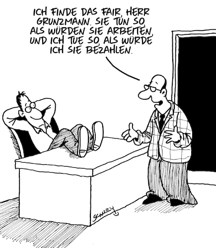 Cartoon: Fair Play (medium) by Karsten Schley tagged business,büro,arbeit,bezahlung,arbeitgeber,arbeitnehmer,motivation,karriere,gesellschaft,business,büro,arbeit,bezahlung,arbeitgeber,arbeitnehmer,motivation,karriere,gesellschaft