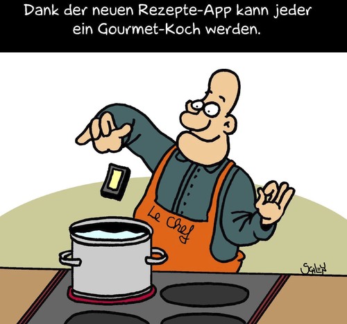 Cartoon: Feinschmecker (medium) by Karsten Schley tagged ernährung,technik,iphone,smartphone,kommunikation,kochen,essen,apps,männer,ernährung,technik,smartphone,iphone,kochen,essen,apps,männer