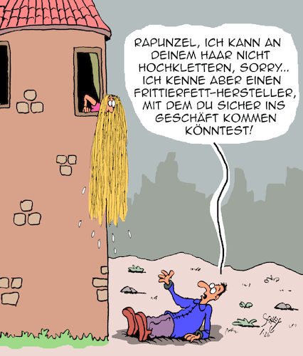 Cartoon: Fettiges Haar?? (medium) by Karsten Schley tagged körperpflege,haare,rapunzel,märchen,bücher,filme,legenden,medien,ernährung,gesellschaft,kultur,körperpflege,haare,rapunzel,märchen,bücher,filme,legenden,medien,ernährung,gesellschaft,kultur