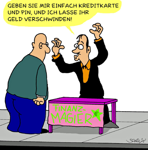 Cartoon: Finanz-Magier (medium) by Karsten Schley tagged investments,geld,geldanlage,anlageberater,finanzen,banken,anlagen,berater,wirtschaft,business,investments,geldanlage,geld,anlageberater,finanzen,anlagen,wirtschaft