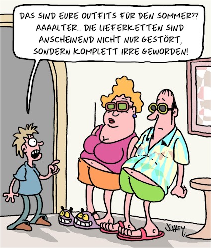 Cartoon: Fit für den Sommer (medium) by Karsten Schley tagged sommer,mode,kleidung,outfits,lieferketten,wirtschaft,handel,alter,jugend,business,gesellschaft,sommer,mode,kleidung,outfits,lieferketten,wirtschaft,handel,alter,jugend,business,gesellschaft