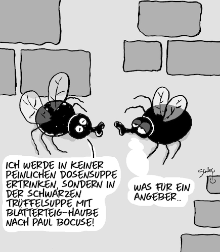 Cartoon: Fliegen an der Wand (medium) by Karsten Schley tagged haute,cuisine,fliegen,kultur,ernährung,sterneköche,gastronomie,feinschmecker,gesellschaft,haute,cuisine,fliegen,kultur,ernährung,sterneköche,gastronomie,feinschmecker,gesellschaft