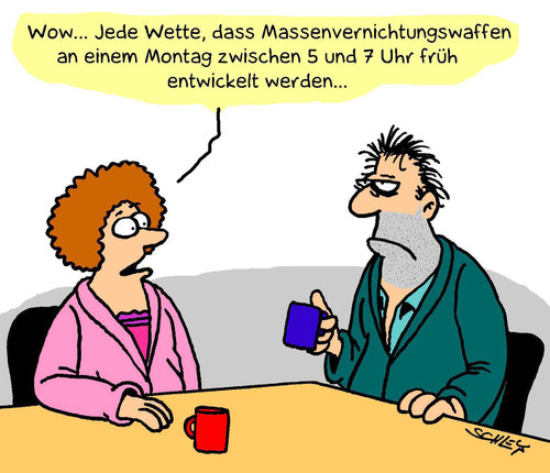 Cartoon: Früh (medium) by Karsten Schley tagged mann,frau,ehe,beziehung,liebe,morgenmuffel,waffen,massenvernichtungswaffen,krieg,mann,frau,ehe,beziehung,liebe,morgenmuffel,krieg,massenvernichtungswaffen,waffen