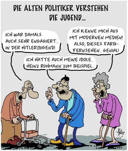 Cartoon: Generationskonflikt (medium) by Karsten Schley tagged alter,politiker,jugend,arroganz,wahlen,sprache,empathie,generationskonflikt,europa,deutschland,alter,politiker,jugend,arroganz,wahlen,sprache,empathie,generationskonflikt,europa,deutschland