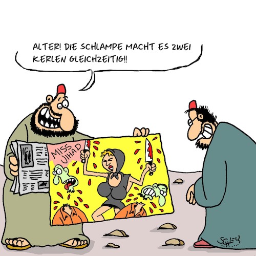 Cartoon: Gleichzeitig (medium) by Karsten Schley tagged terror,jihad,extremismus,religion,krieg,is,islam,politik,terror,jihad,extremismus,religion,krieg,is,islam,politik