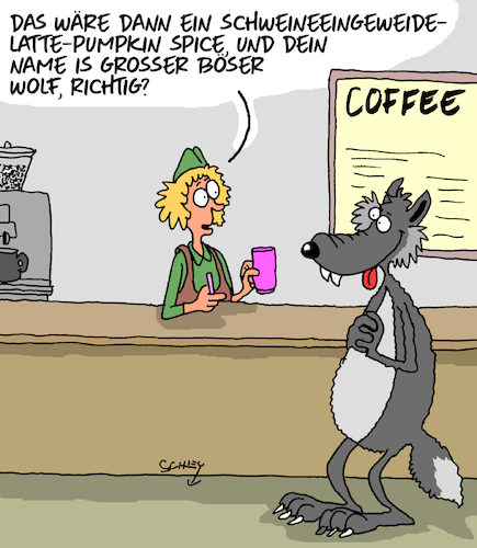 Cartoon: Großer böser Wolf (medium) by Karsten Schley tagged märchen,mythen,legenden,filme,kultur,medien,kaffee,gastronomie,tiere,service,ernährung,business,gesellschaft,märchen,mythen,legenden,filme,kultur,medien,kaffee,gastronomie,tiere,service,ernährung,business,gesellschaft