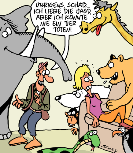 Cartoon: Großwildjäger (medium) by Karsten Schley tagged jagd,wild,großwild,tiere,natur,naturschutz,gesellschaft,jagd,wild,großwild,tiere,natur,naturschutz,gesellschaft