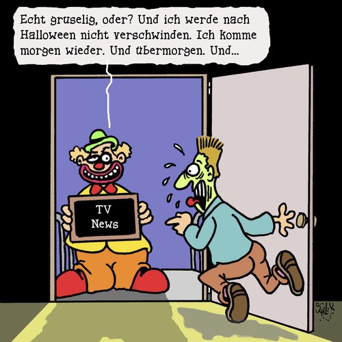 Cartoon: Gruselig (medium) by Karsten Schley tagged halloween,feste,feiertage,riten,nachrichten,medien,fernsehen,angst,horrorclowns,halloween,feste,feiertage,riten,nachrichten,medien,fernsehen,angst,horrorclowns