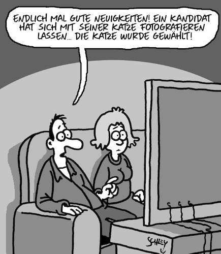 Cartoon: Gute Neuigkeiten! (medium) by Karsten Schley tagged nachrichten,politik,medien,wahlen,kandidaten,katzen,wahlgewinner,kompetenz,gesellschaft,nachrichten,politik,medien,wahlen,kandidaten,katzen,wahlgewinner,kompetenz,gesellschaft