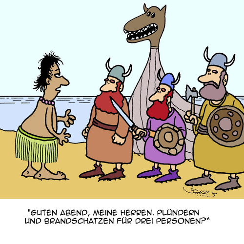 Cartoon: Guten Abend! (medium) by Karsten Schley tagged gastronomie,geschichte,historisches,vikingerunterhaltung,entertainment,männer,entdecker,gastronomie,geschichte,historisches,vikingerunterhaltung,entertainment,männer,entdecker