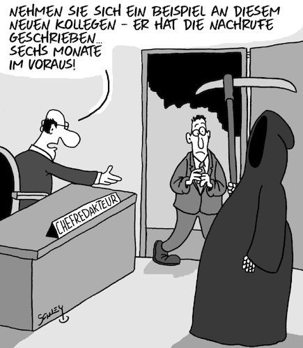 Cartoon: Gutes Beispiel (medium) by Karsten Schley tagged medien,zeitungen,redakteure,nachrichten,nachrufe,jobs,büro,vorbilder,tod,leben,gesellschaft,medien,zeitungen,redakteure,nachrichten,nachrufe,jobs,büro,vorbilder,tod,leben,gesellschaft