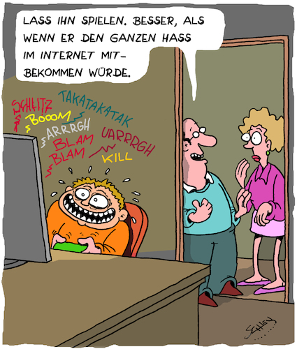 Cartoon: Hass (medium) by Karsten Schley tagged computerspiele,hass,internethetze,extremismus,facebook,cyber,mobbing,technik,gewalt,familien,medien,eltern,kinder,gesellschaft,computerspiele,hass,internethetze,extremismus,facebook,cyber,mobbing,technik,gewalt,familien,medien,eltern,kinder,gesellschaft