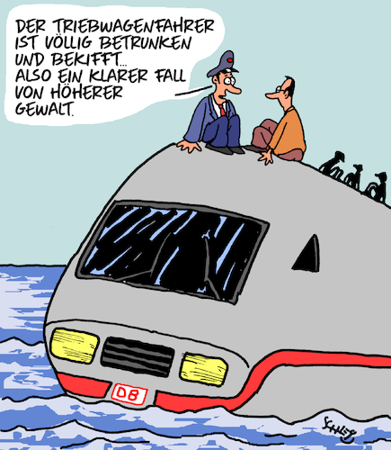 Cartoon: Höhere Gewalt (medium) by Karsten Schley tagged db,verspätungen,leistung,kompetenz,bahn,schienenersatzverkehr,öpnv,verkehr,transport,wirtschaft,verbraucher,fahrgäste,verbraucherschutz,staat,gesellschaft,db,verspätungen,leistung,kompetenz,bahn,schienenersatzverkehr,öpnv,verkehr,transport,wirtschaft,verbraucher,fahrgäste,verbraucherschutz,staat,gesellschaft